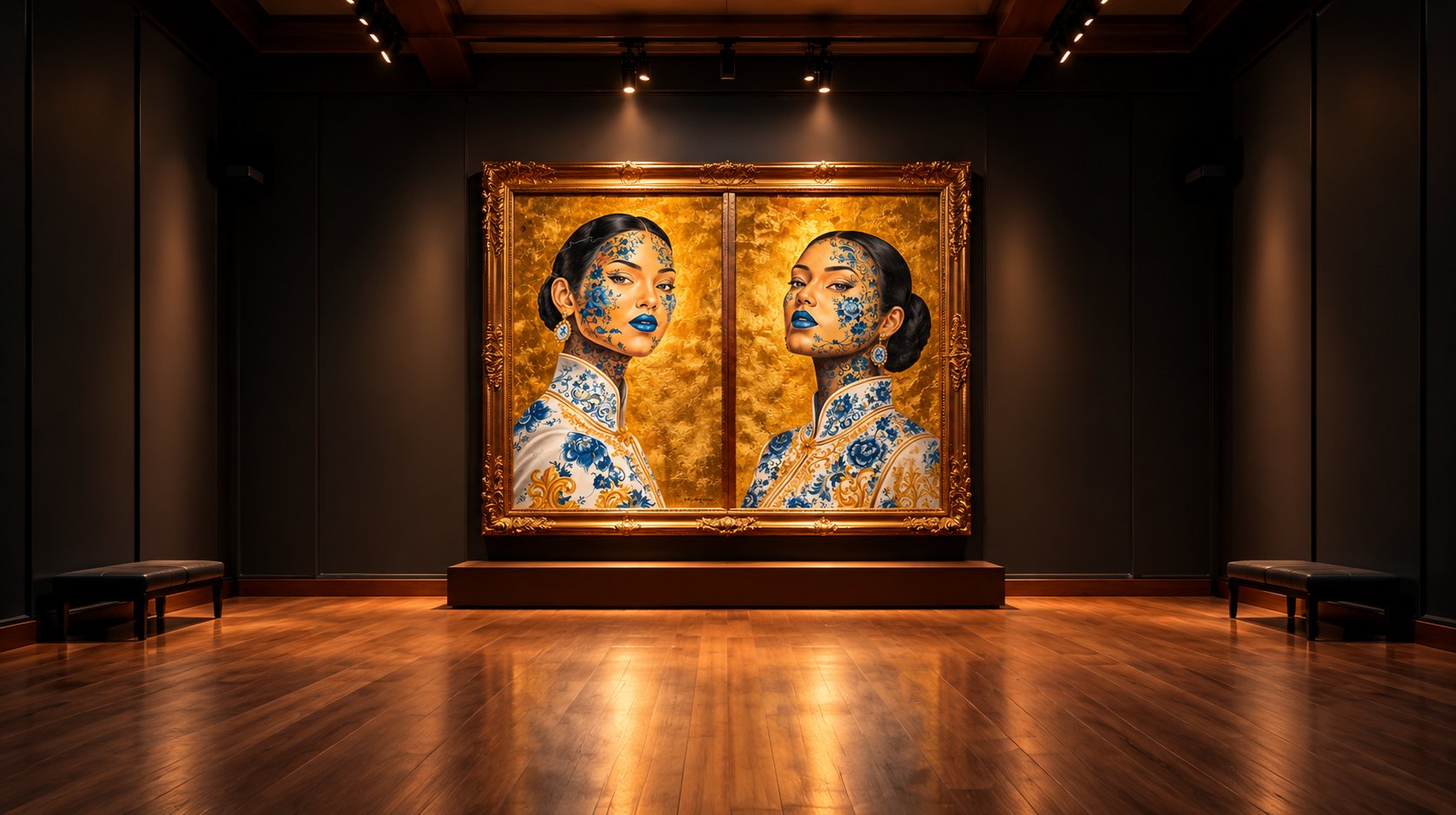 BLEU D'OR-portretten in een sfeervol verlichte galerie