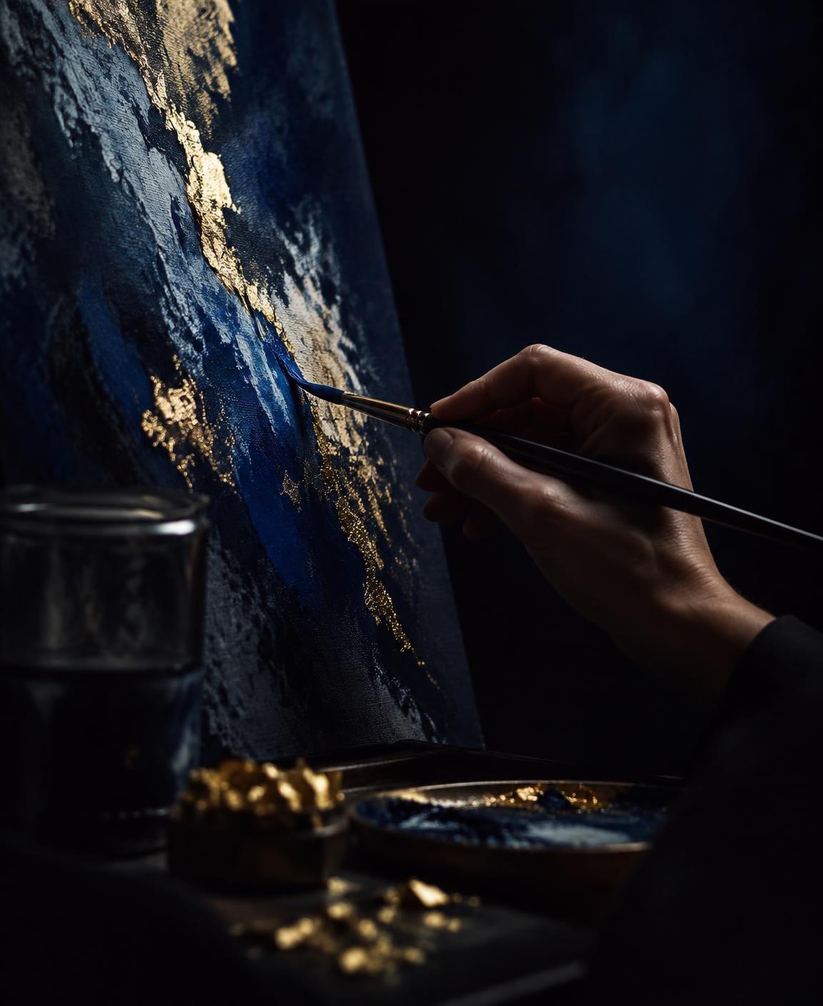 A hand applying porcelain blue and gold — the maker unseen