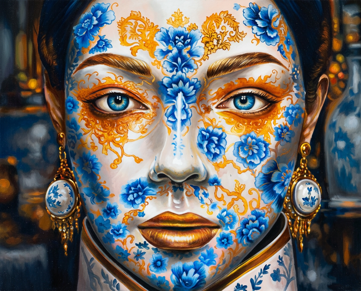Detail — porcelain blue flowers and gold filigree